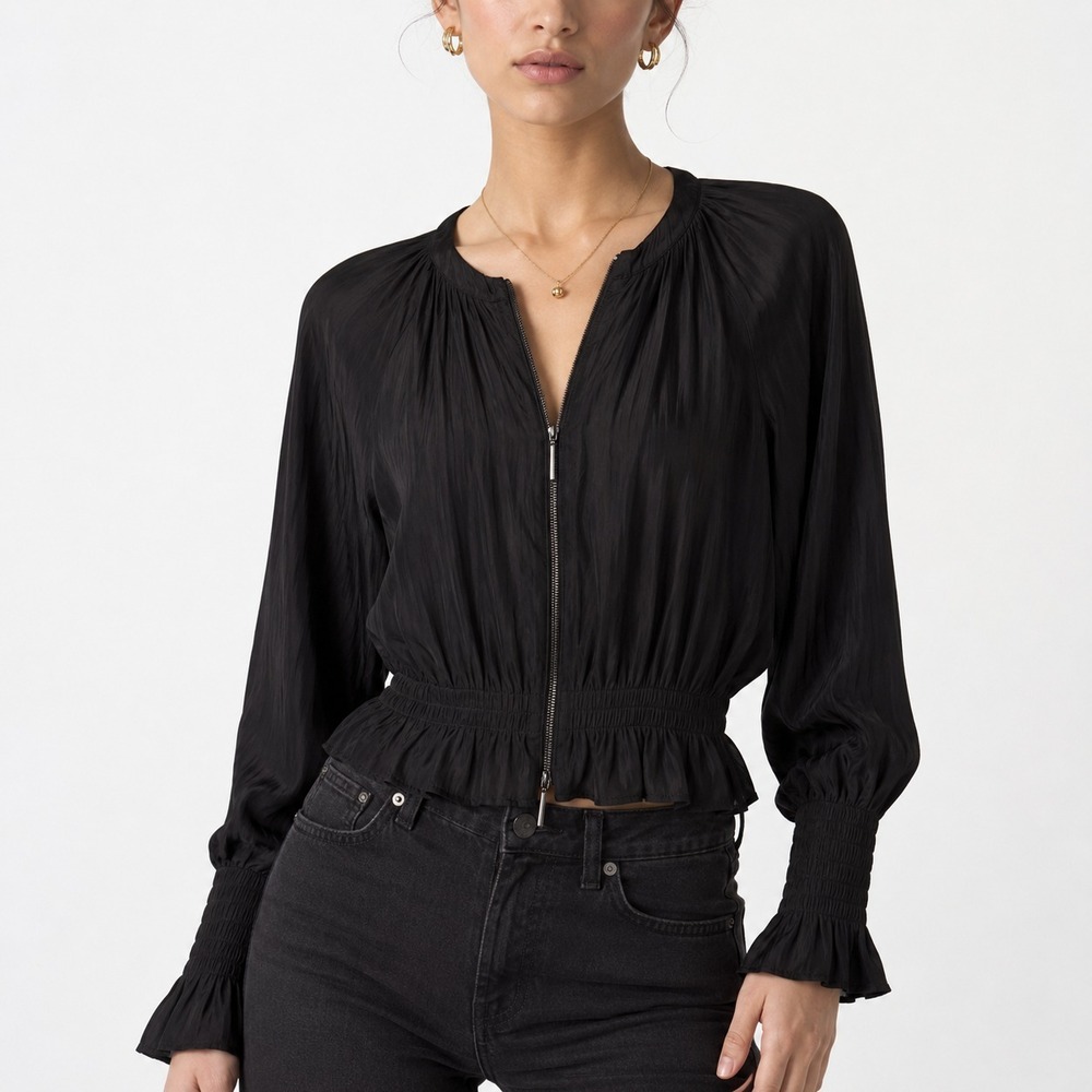 Ramy Brook Full-Zip Front Blouse Women's Size XXS Black Smocked Cuffs Peplum Hem